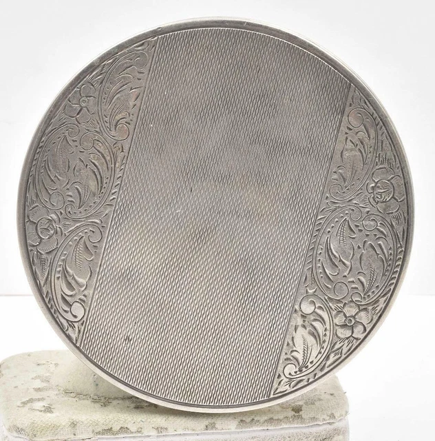Vintage European 835 Solid Silver round Ladies Engraved compact Original Mirror