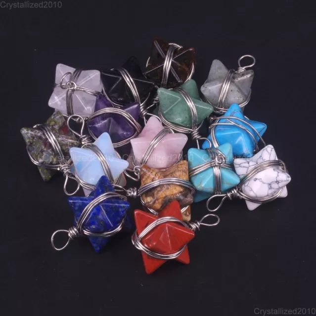Natural Gemstone Merkaba Reiki Chakra Healing Pendant Necklaces Beads Wire Wrap