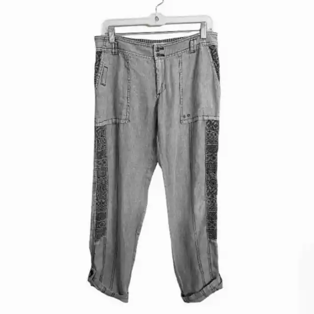 Hei Hei by Anthropologie 100% Linen Gray Washed Cargo Crop Pants Lace Details 27