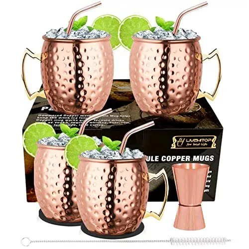 19,5 Unzen Moscow Mule Tassen 4er Set, gehämmerte Kupfertassen mit Vorrichtung