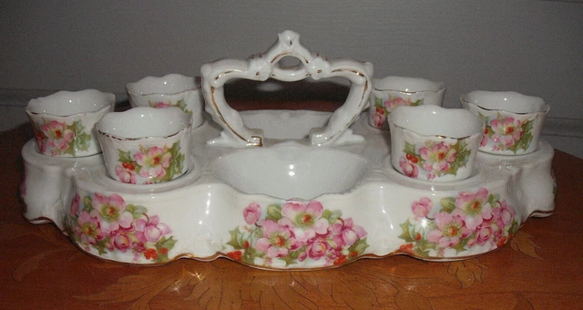 présentoir porte-coquetiers ancien en porcelaine / fleurettes