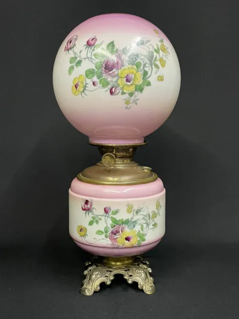 Antique c.1880-1900 P. L. B. & G. Roses Decor Hand Painted GWTW Banquet Oil Lamp