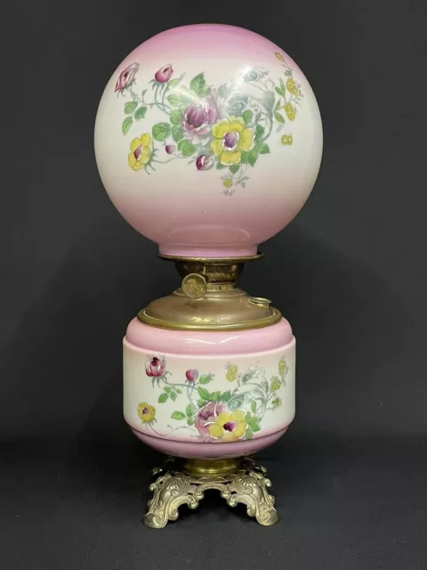 Antique c.1880-1900 P. L. B. & G. Roses Decor Hand Painted GWTW Banquet Oil Lamp