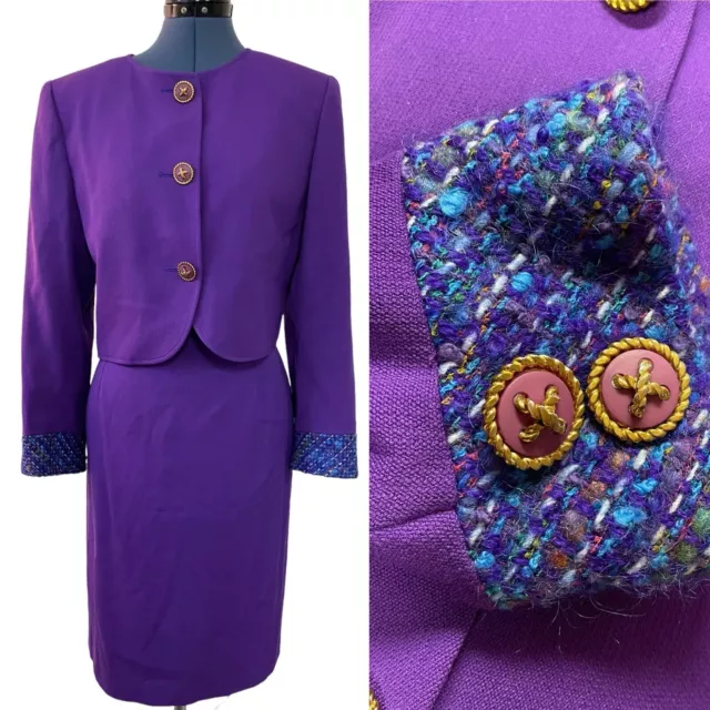 Vintage Valentino Miss V Purple Wool Skirt Suit Button Front Tweed Cuff Size 10