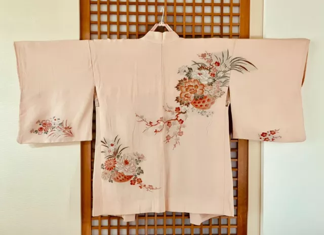 Japanese Kimono Silk Jacket Haori/Woven Flower Pattern/Gold&Silver Thread/Pink