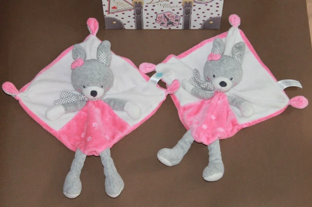 Doudou TEX BABY LAPIN plat rose gris blanc étoiles lot de 2 dont 1 com neuf