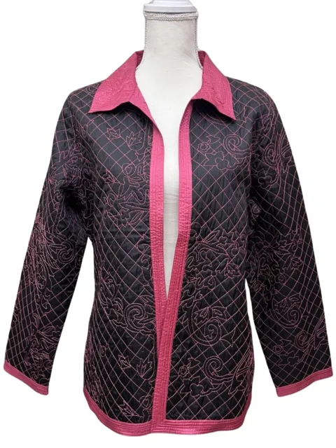 Chicos Womens Blazer Open Jacket Size 2 / L Reversible Brown Pink Quilted Open