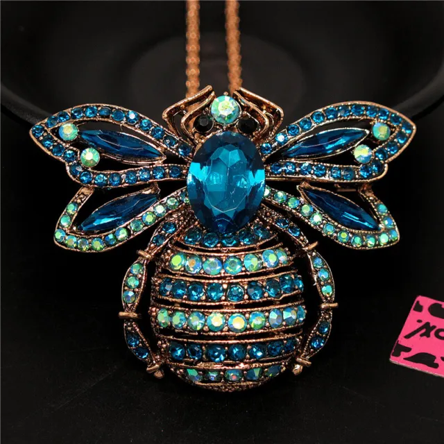 Betsey Johnson Bling Blue Rhinestone Honey Bee Crystal Pendant Chain Necklace