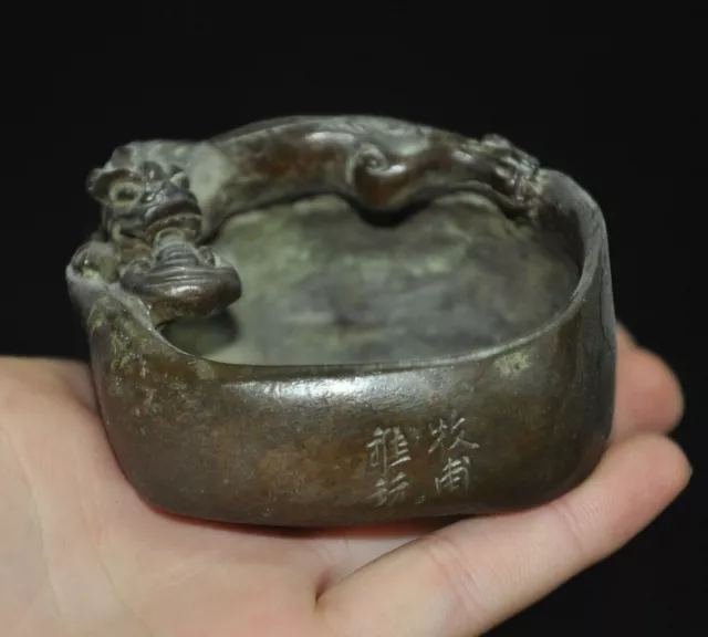 Colecciona antigua dinastía china dragón de bronce bestia loong lavado pluma cenicero estatua