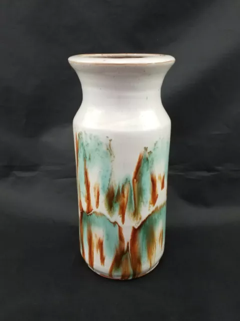 Art studio pottery grey green brown drip glaze vase