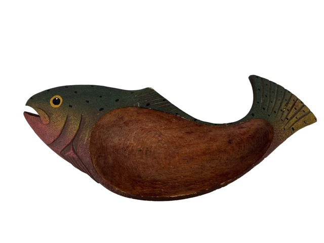 Carved Wood Fish Shaped Tray Bowl Decor 12” Hand Painted Wooden Vintage