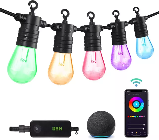 HBN Smart Color Changing Outdoor String Lights - 48ft LED, 24 Bulbs 2.4 Ghz WiFi