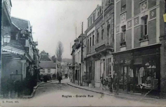 cpa animée old postcard RUGLES grande Rue café commerce EURE