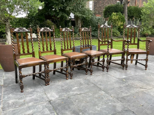 6 X Antique Oak Barley Twist Dining Chairs