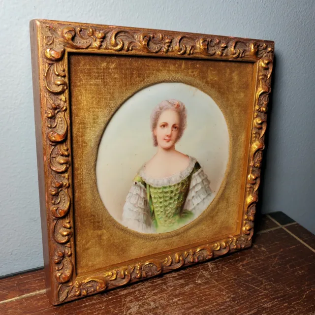 Antique Miniature Hand Painted Portrait on Porcelain of Lady in Gilt Frame 2