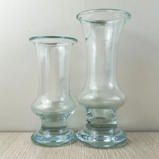 Glass Vase Pair Matching Bulbous Vases with Heavy Base and Thick Walls Set of 2