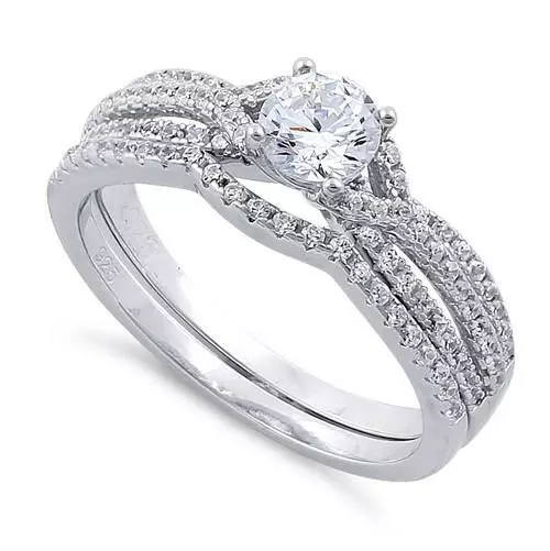 Sterling Silver Engagement Eternity Wedding 2pc Bridal Ring Set