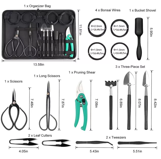 Bonsai Tools Kit 16Pcs Gardening Trimming Tree Tools Set Include Pruning Shears