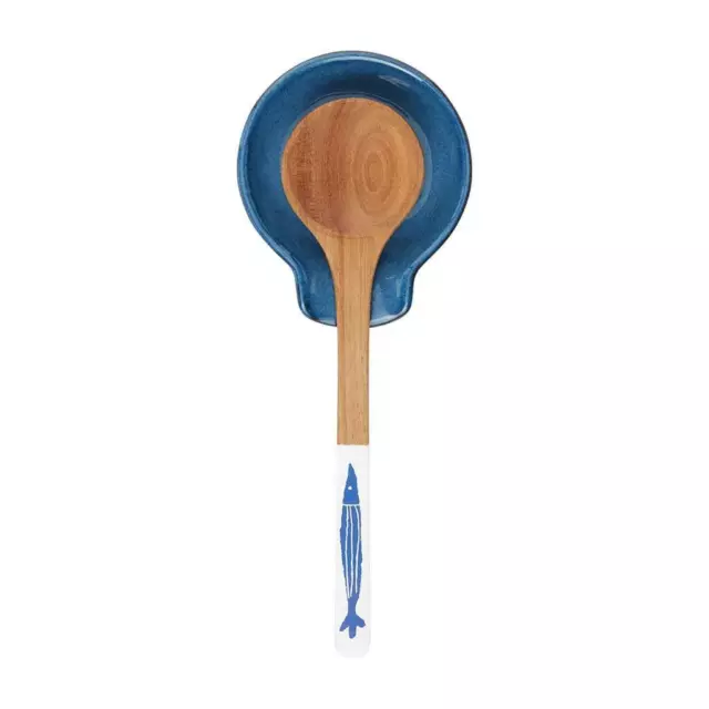 Mud Pie Home Blue Sea Collection Wooden Spoon with Fish and Cooking Rest Set