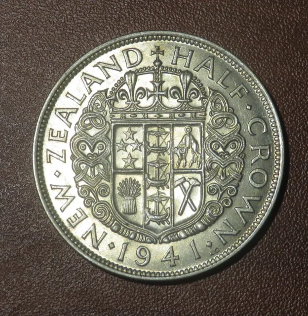 1941 New Zealand Half Crown 50% Silver, KM# 11, Choice AU