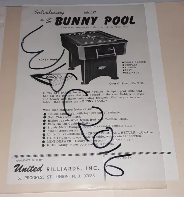 Original Bunny Bumper Pool Table Coin-Op Promo Flyer by United