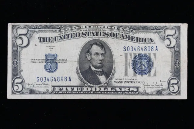 $5 1934D blue seal Silver Certificate Circulated S03464898A Exact Note Shown