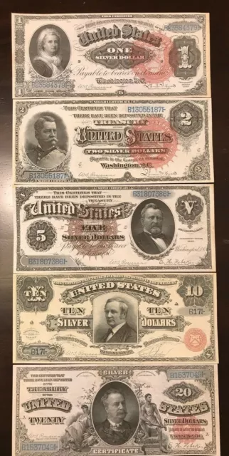 Reproduction Set 1886 Silver Certificates USA Currency Copies $1 $2 $5 $10 $20