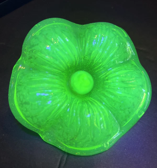 2 Antique Uranium Pressed Sandwich Glass Flower Curtain Tie-Backs No Brackets 3