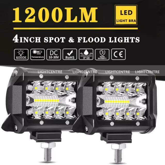 Pair 100W 4" inch Work Lights Spot Flood LED Light Bar Reverse 4WD 12V 24V 2