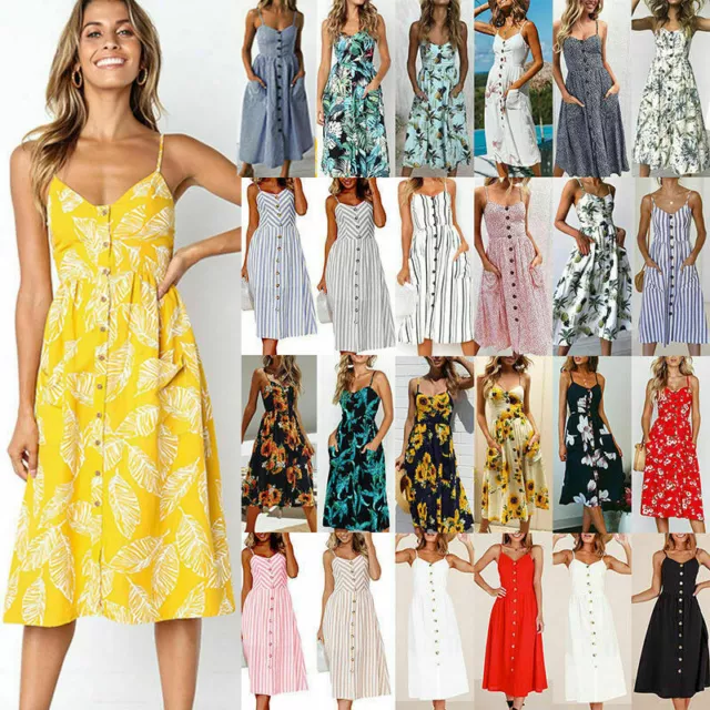 Womens Ladies BOHO Summer Beach Midi Dress Holiday Strappy Button Sun Dresses