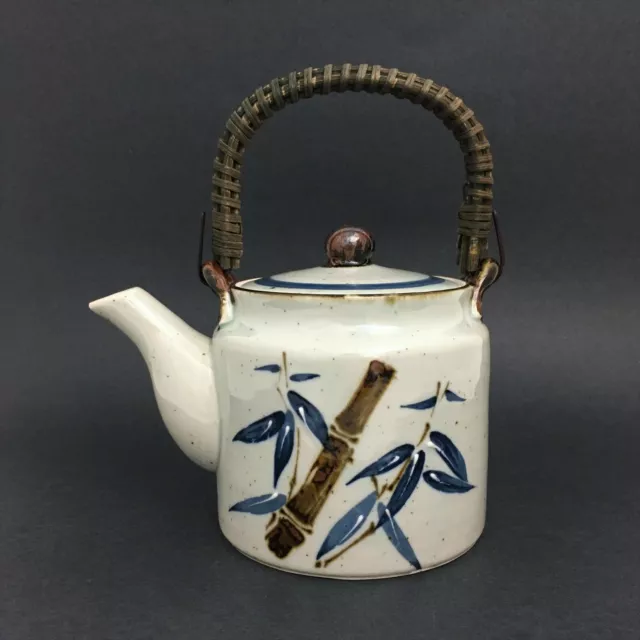 Vintage Otagiri Teapot Bamboo Blue Stoneware Leaf Speckled Rattan Handle