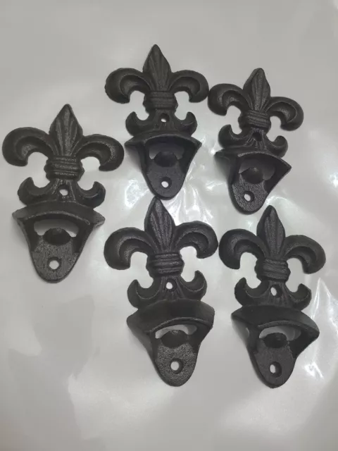 5  Cast Iron Fleur De Lis Bottle openers, Rustic Brown Beer / Soda Opener