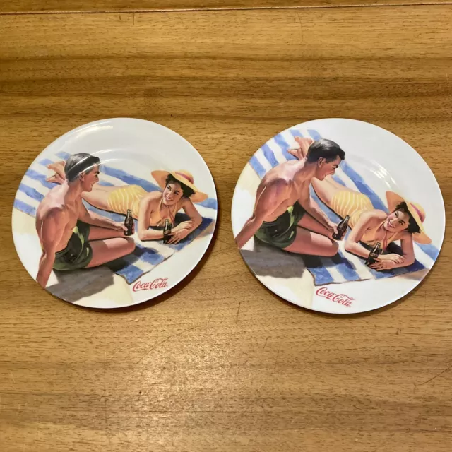 Coca Cola Melamine 8.5” Plates Set of 2 Vintage Beach Advertising Sakura 2002