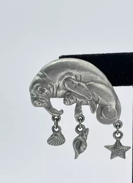 Lindsay Claire Designs pewter Manatee and Calve lapel pin dangle shells starfish