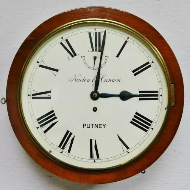Antique English Newton & Cannon 8 Day Single Fusee Mahogany Dial Wall Clock