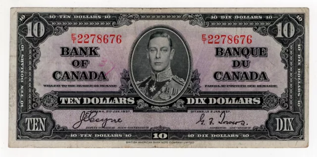 1937 Bank Of Canada Ten 10 Dollar Bank Note Et 2278676 Nice Bill Coyne