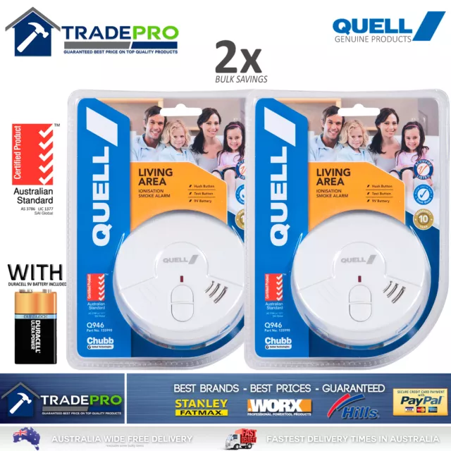 2x Smoke Alarm Fire Detector Chubb/Quell® Ionisation Aus Certified + 9vBatteries