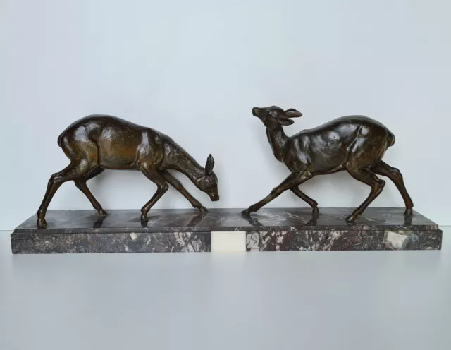 1930 Art Deco Marble Stand 2 Deer Regulate Patinated Animal Sculpture