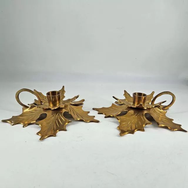Pair of Vintage Brass Poinsettia Holly Leaf Candle Stick Holders Christmas