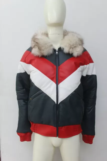 Mens Genuine Leather V Bomber Jacket Fox Fur Collar Red/White/Navy