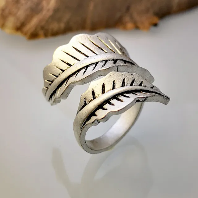Boho Feathers Turquoise Open Ring Leaf Band Vintage Silver Plated Women Men Gift