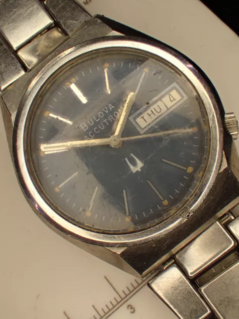 Vintage Bulova Accutron 218 Movement Mens Watch Blue Dial Bulova Band Working#67