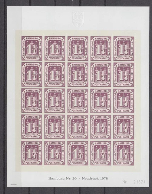 Vignette Hamburg Nr. 20 Neudruck 1978 25x 1 1/4 Schilling