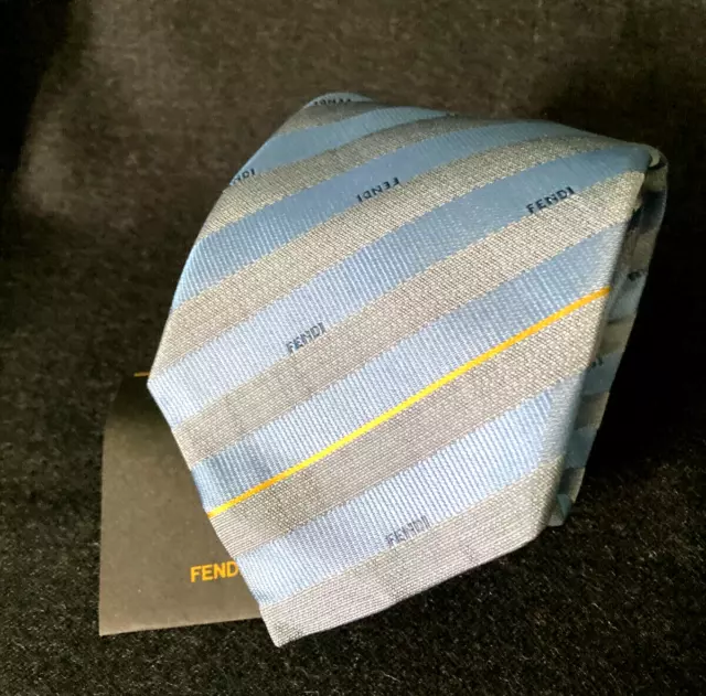 NWT FENDI Men's Silk Striped Tie Blue/Grey Signature Logo Made In Italy RARE