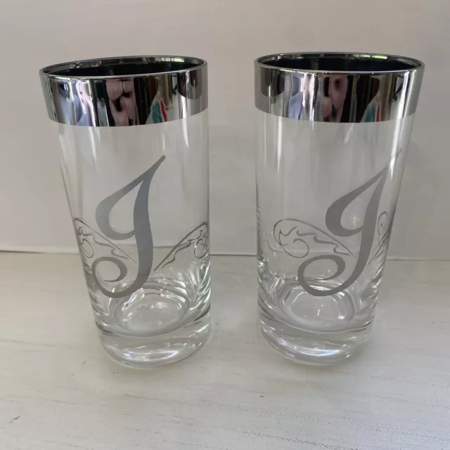 Pair 2 Vintage Dorothy Thorpe Monogram "J" Silver Rim Highball Glass 2 Tumbler A