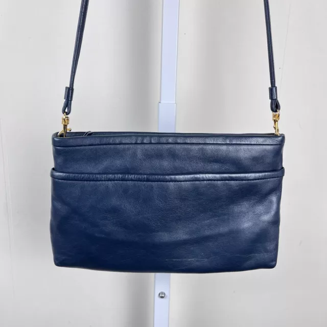 Vintage Nordstrom Genuine Leather Navy Blue Crossbody Purse Bag