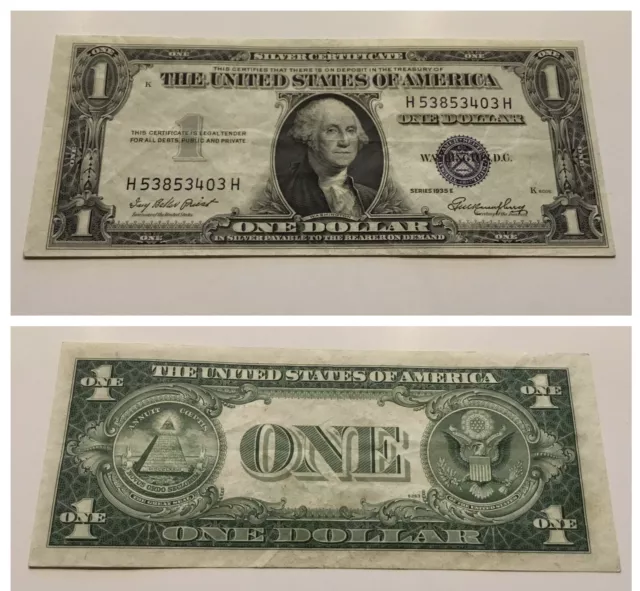 Vintage $1 1935-E Silver Certificate One Dollar Bill $1 Washington Blue Seal Vnc