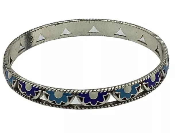 Silver Tone Brighton  Bangle Silver-Blue Bracelet Floral Enamel