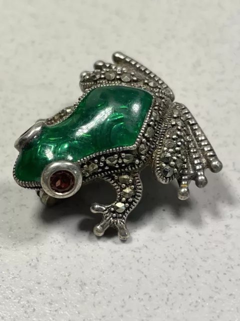 Small Sterling Silver, Marcasite, & Garnet Frog Brooch