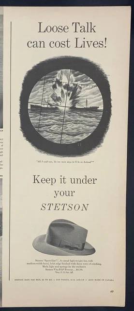 Magazine Ad* - 1943 - Stetson Hats - World War 2 - Loose Talk